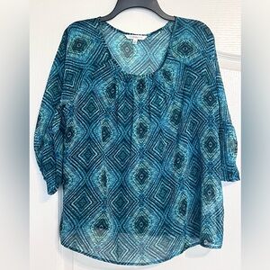 Croft & Barrow Sheer Turquoise Geometric Design Sheer Women’s Top